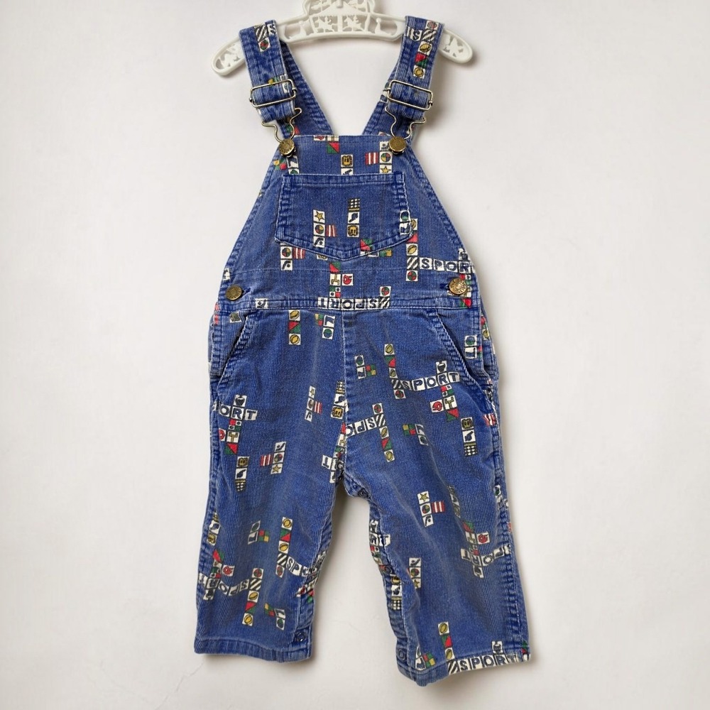 Vintage McKids Blue Corduroy Overalls Sport Graphic Print Toddler Size M 90s